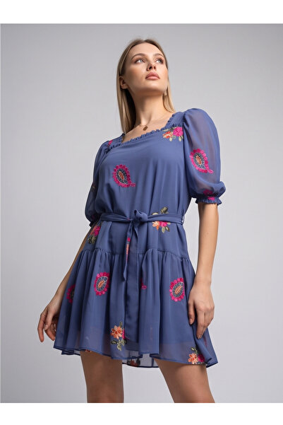 gökçesu Women's Square Neck Floral Embroidered Belted Lined Chiffon Mini Dress