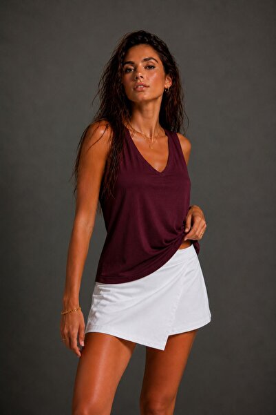 WILD BEE Women's Burgundy Front and Back V-Neck Basic Viscose Blouse