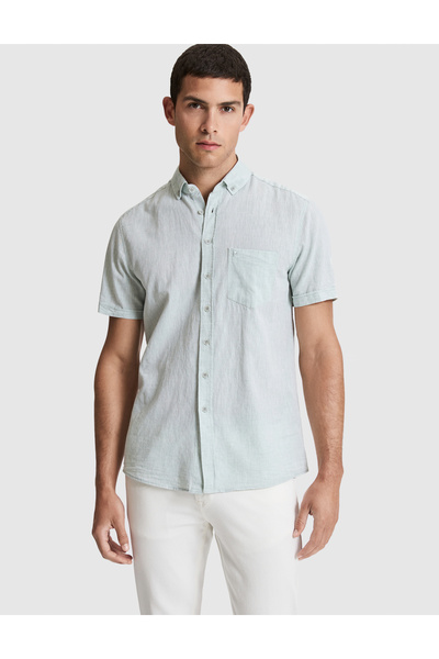 Pierre Cardin Aqua Green Linen Blend Regular Fit Short Sleeve Shirt 50320933-...