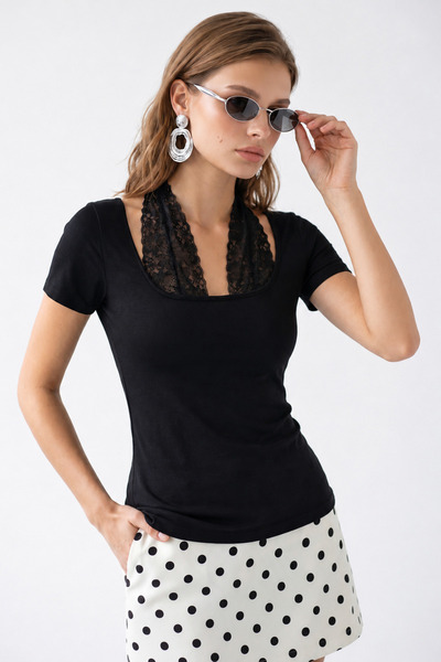 Mixray 2178 Women's Lace Collar Detailed Neck Tie Short Sleeve Blouse Black