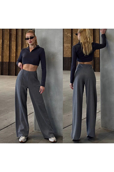bysoca Women's Gray Front Stitching Detailed Thessaloniki Pants High Waist Wi...