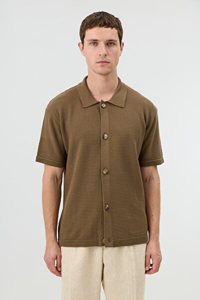Antioch Khaki Textured Button Closure Knitwear Shirt