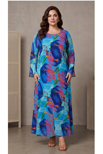 gökçesu Women's Plus Size Long Sleeve Lined Flowy Flounce Long Chiffon Dress