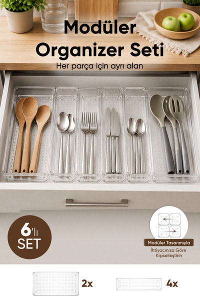 Vienev 6-Piece Modular Transparent Cutlery Set for Drawer Kitchen Cutlery Org...