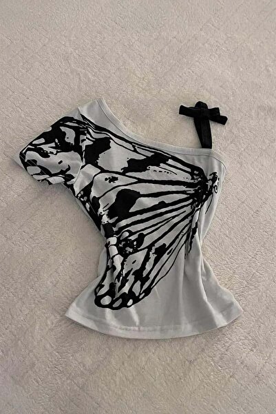 Köstebek Butterfly Wing Strap Grunge Y2K Short Sleeve Crop Blouse
