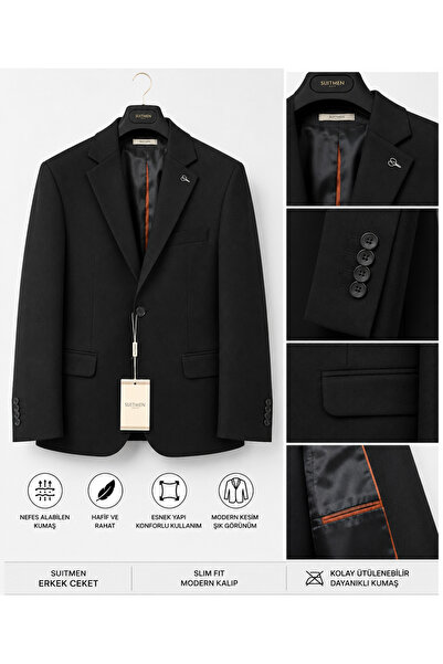 BYMEN ERKEK GİYİM Suitmen Siyah Slim Fit Erkek Blazer Ceket – Tek Düğmeli Kla...