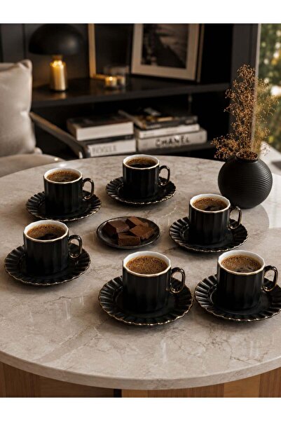 Onedekor 6 Kişilik Porselen Noir Black Gold Kahve Fincanı