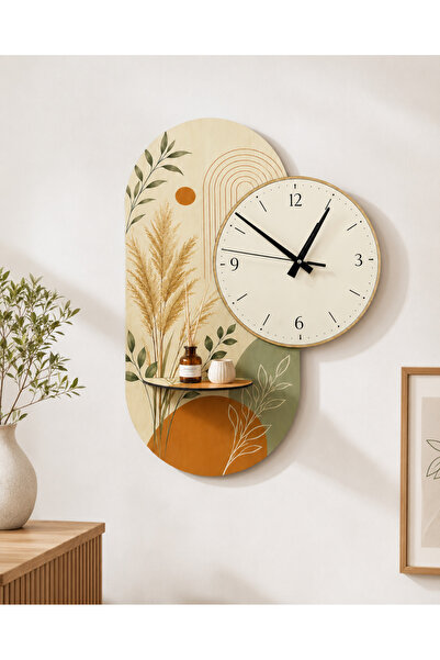 karbonsoft Dekoratif Raflı Sessiz Duvar Saati 37,5 × 50 cm – Çift Kat MDF Botanik Tasarım