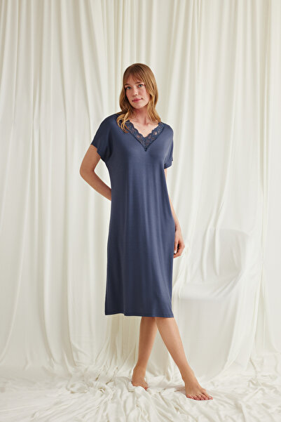 MONAMİSE Navy Blue Lace Nightgown, Women's Short-Sleeved Viscose Home Dress, ...