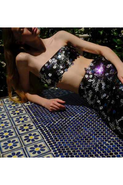 diğer0101 Sırena Top in Flırty Fleurs Bustier-Skirt Set, Sequined Bustier-Crop Top Long Skirt, Black Sequined Evening Dress