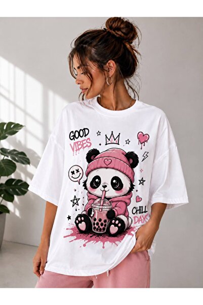 Vanteon Good Vibes Panda Baskılı Oversize Beyaz Kadın Tişört