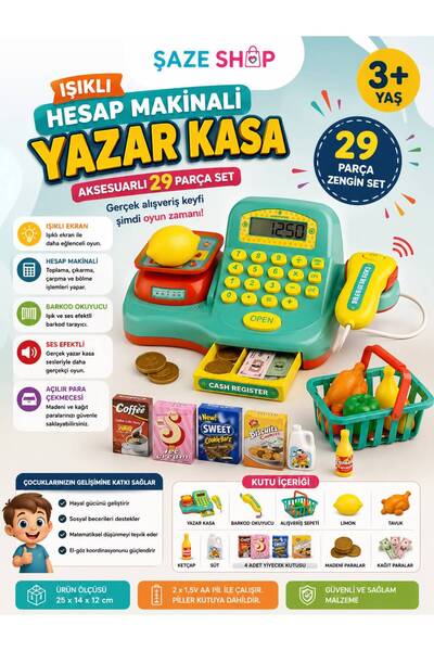 SAZE Aksesuarlı Işıklı Hesap Yazar Kasa Seti 29 Parça Barkod Okuyuculu Market...