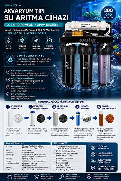 AQUA BELLA Akvaryum Su Arıtma Cihazı 200 GPD Pompalı 0ppm Reçineli