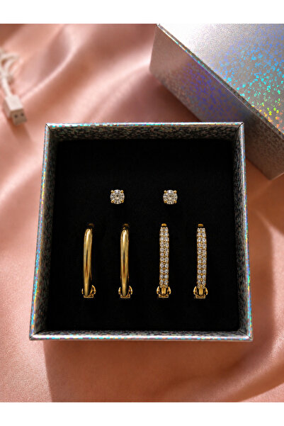 PULİNİN DÜKKANI Women's Gold Color 6-Piece Earring Set |   Flat Hoop and Ston...
