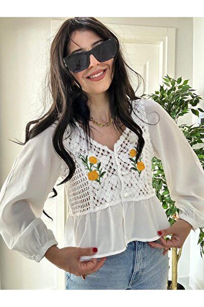 modadagiyim Women's White Linen Buttoned Embroidered Balloon Sleeve Shirt