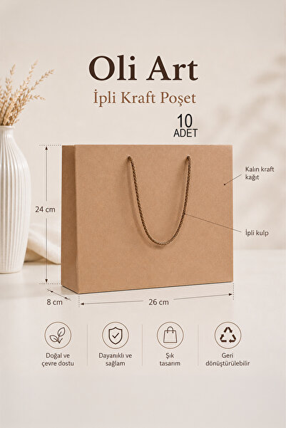 OLİ Art İpli Kraft Poşet 24x26x8 cm 10 Adet Kalın Kraft Kağıt Hediye Çantası ...