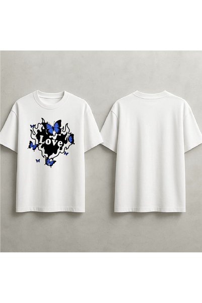 EFEVRA Love Heart and Butterfly Printed Oversized T-Shirt
