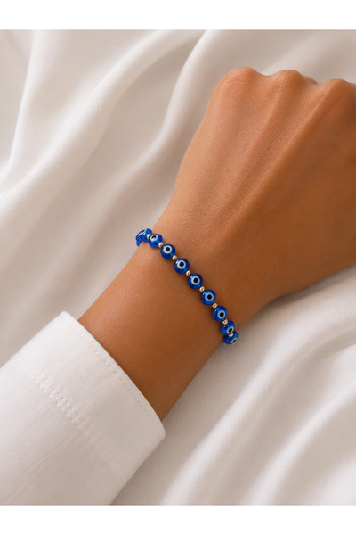 MODA MANANI Dark Blue Evil Eye Beaded Adjustable Women's Bracelet with Gold D...