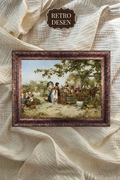Retro Desen Kır Bahçesinde Aile Çerçeveli Sanat Tablosu (00249)