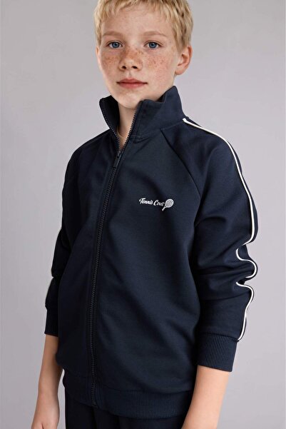 DeFacto Printed Stand Collar Zippered Navy Blue Cardigan for Boys I0350A826Au