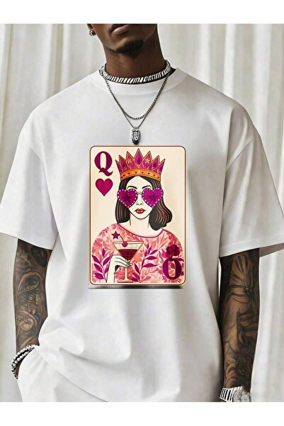 NOURAM Queen Of Hearts Playing Card Design T-Shirt With Cocktail Crown Graphi...