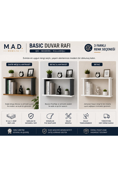 Genel Markalar Basic Duvar Rafı – Modern Dekoratif Kitaplık Rafı (80x50x18 cm)