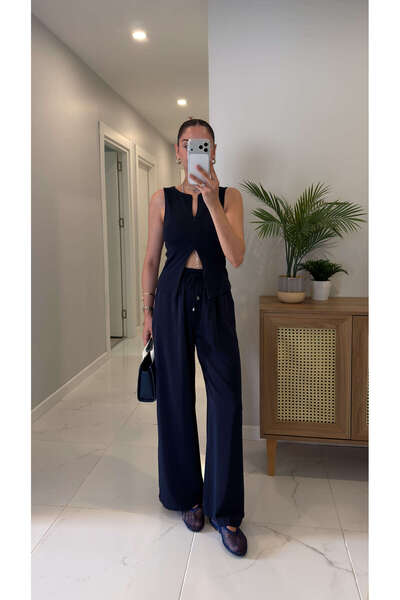 BİRCANÇİL Yelsi Navy Blue Waist Tie Pants