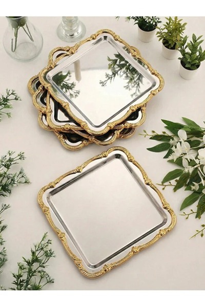 elif aksesuar 6-Piece Stainless Steel Gold Frame Coffee Presentation Tray Ser...