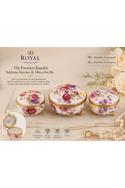 Atak Hediyelik 3-Piece Porcelain Storage Box & Jewelry Set with Lid – Floral ...
