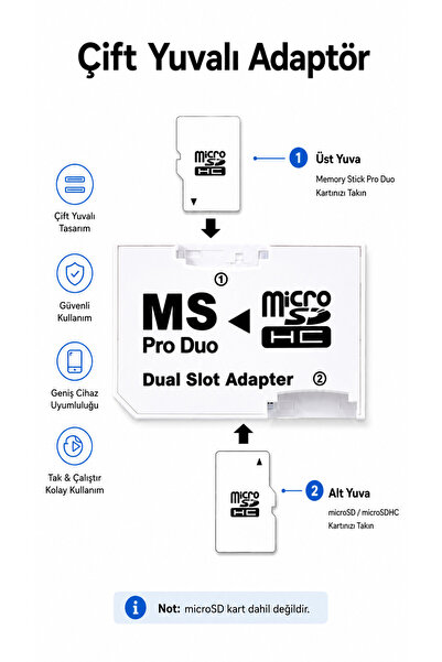 ULTRATEKNO MS Pro Duo Memory Stick Adaptörü microSD - microSDHC Kart Dönüştürücü PSP ve Sony Cihazlarla Uyumlu