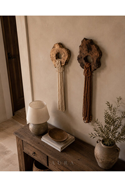 Genel Markalar AURA 2’li Doğal Ahşap Boncuklu Duvar Süsü – El Yapımı Bohem De...