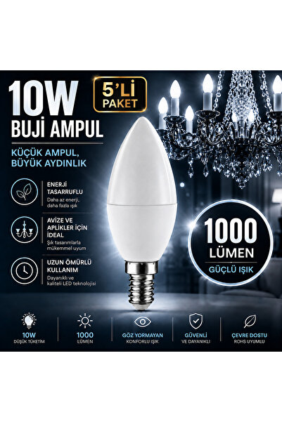 repplam 5'li Paket 10W Buji Led Ampul Beyaz Işık İnce Duylu Ampul Avize Ampul...