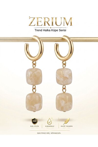 ZERİUM Dangle Steel Women's Hoop Earrings Trendy Natural Stone Look Beige