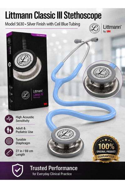 3M Littmann Classic III Monitoring Stethoscope Model 5630 Silver-Finish Dual-...