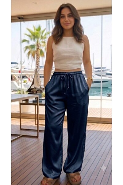 MONAMORE Women's Shalwar Cut Satin Trousers with Elastic Cords at the Legs an...