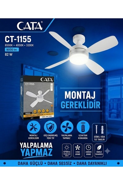Cata CT-1155 Karayel Fan LED 82W Kumandalı Işıklı Vantilatör -Tavan Montajlı