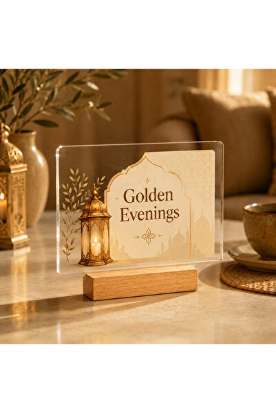 Bleco Eid Mubarak Acrylic Tabletop Sign with Wooden Base, Transparent Crescen...