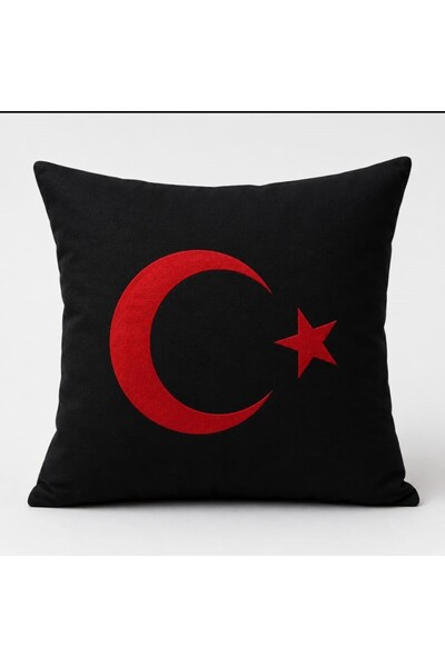 AZIZI TEKSTIL Turkish Flag Embroidered Decorative Throw Pillow – Black Luxury...
