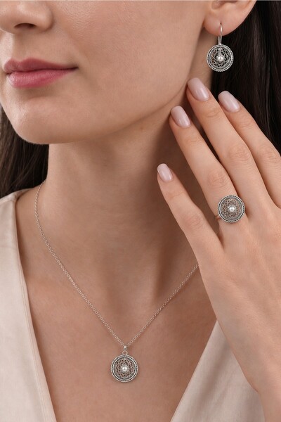 Söğütlü Silver 925 Ayar Gümüş Kafes Modeli Takı Seti Kolye Küpe Yüzük Otantik...