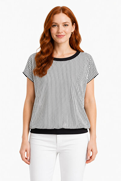 Neden Tekstil Women's Striped Black and White Regular Fit Short Sleeve T-Shirt