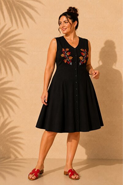 FOR ESRA BIG TREND Women's Black Plus Size V-Neck Front Embroidered Buttoned ...