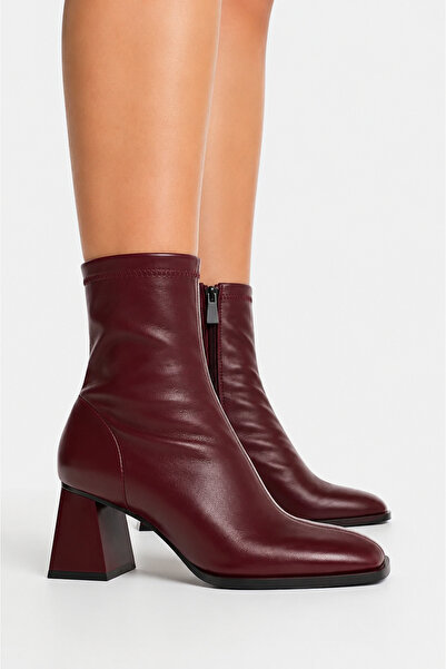 Scarpebutik Women's Burgundy Square Toe Mid-Heel Stretch Ankle Boots