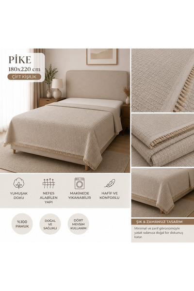 NINFA SOFT Taş Rengi Pike Veya Yatak Örtüsü Çift Kullanım