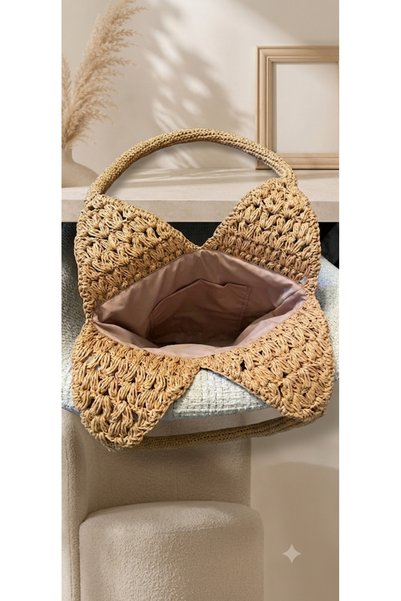 MODA Lined Women's Bohemian Shoulder Bag in Light Camel Color with Wicker Texture and Snap Closure Daily Tote Bag