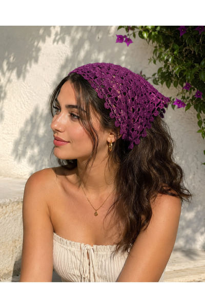 Store El Örgüsü Mürdüm Üçgen Bandana Bağlamalı Dantel Örgü Kadın Saç Aksesuarı