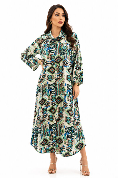 THOGUE Women's Long Geometric Print Shirt Collar Jalabiya |