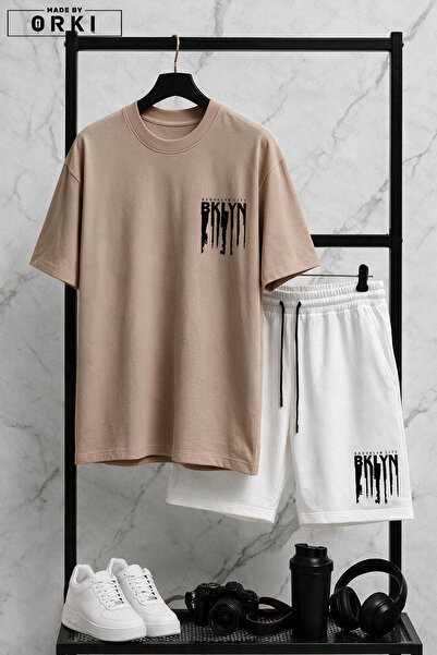 EFFRENATU Bklyn Printed Cotton Fabric Unisex T-Shirt-White Shorts Set