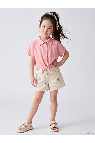 LC Waikiki Ecru Embroidered Girls' Jean Shorts
