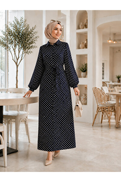 Esra Butik78 %100 Pamuklu-Puantiye Desenli Mango Kumaş Kuşaklı Gömlek Elbise ...