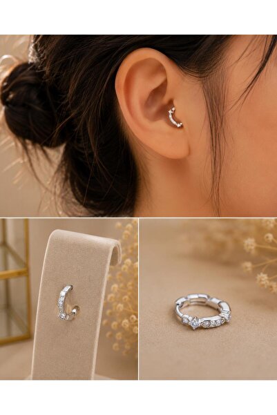 ArzaCollection Zirkon Taşlı Geometrik Halka Tragus Küpe - Cerrahi Çelik Barlı...